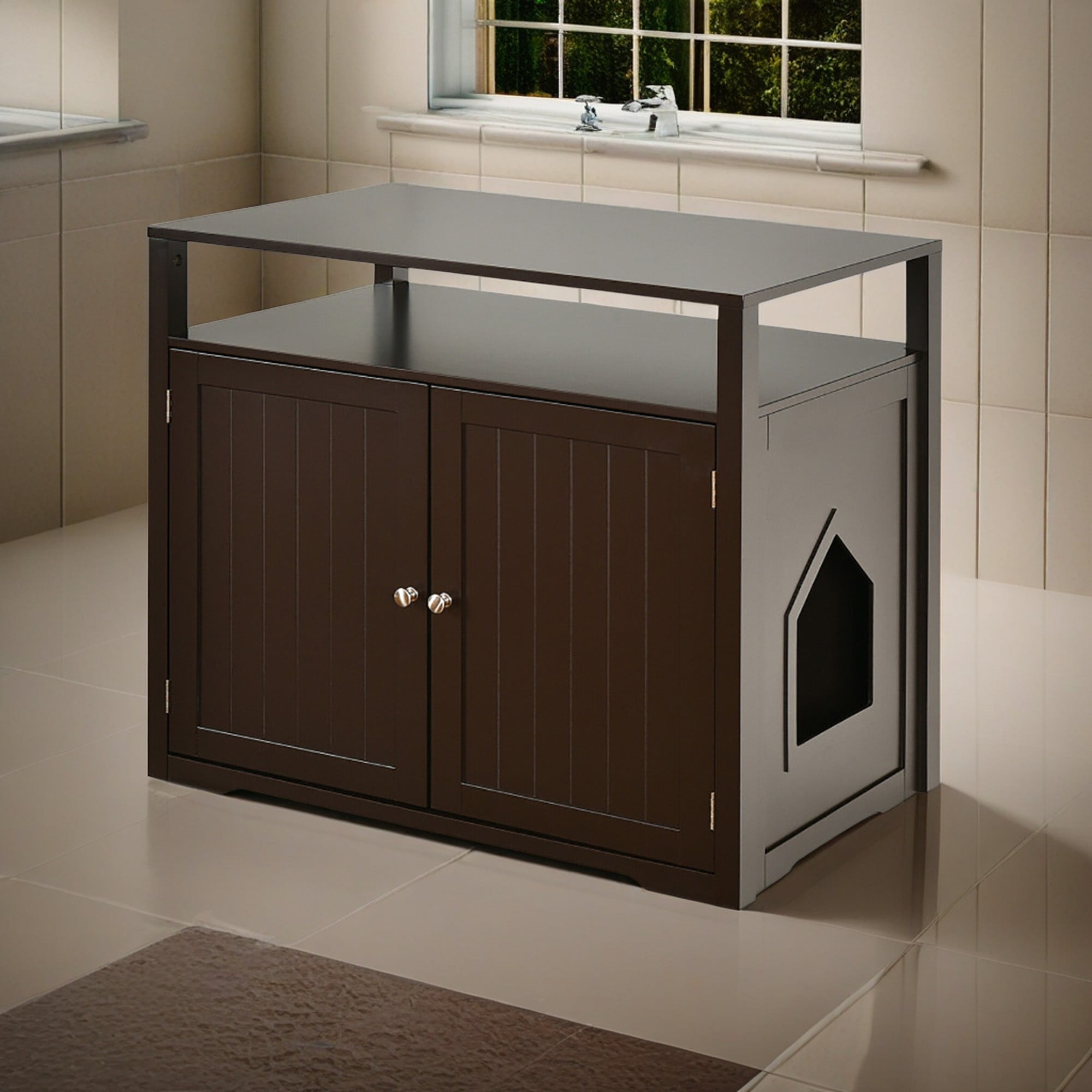 Kadyn 31" Cat Litter Box Enclosure Furniture, Cat Litter Box Cabinet Hidden with Storage Shelf, Cat House with Doors and Divider, Brown