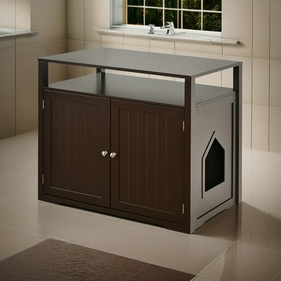 Demi Bonn 31" Cat Litter Box Enclosure Furniture, Cat Litter Box Cabinet Hidden with Storage Shelf, Cat House with Doors and Divider, Brown
