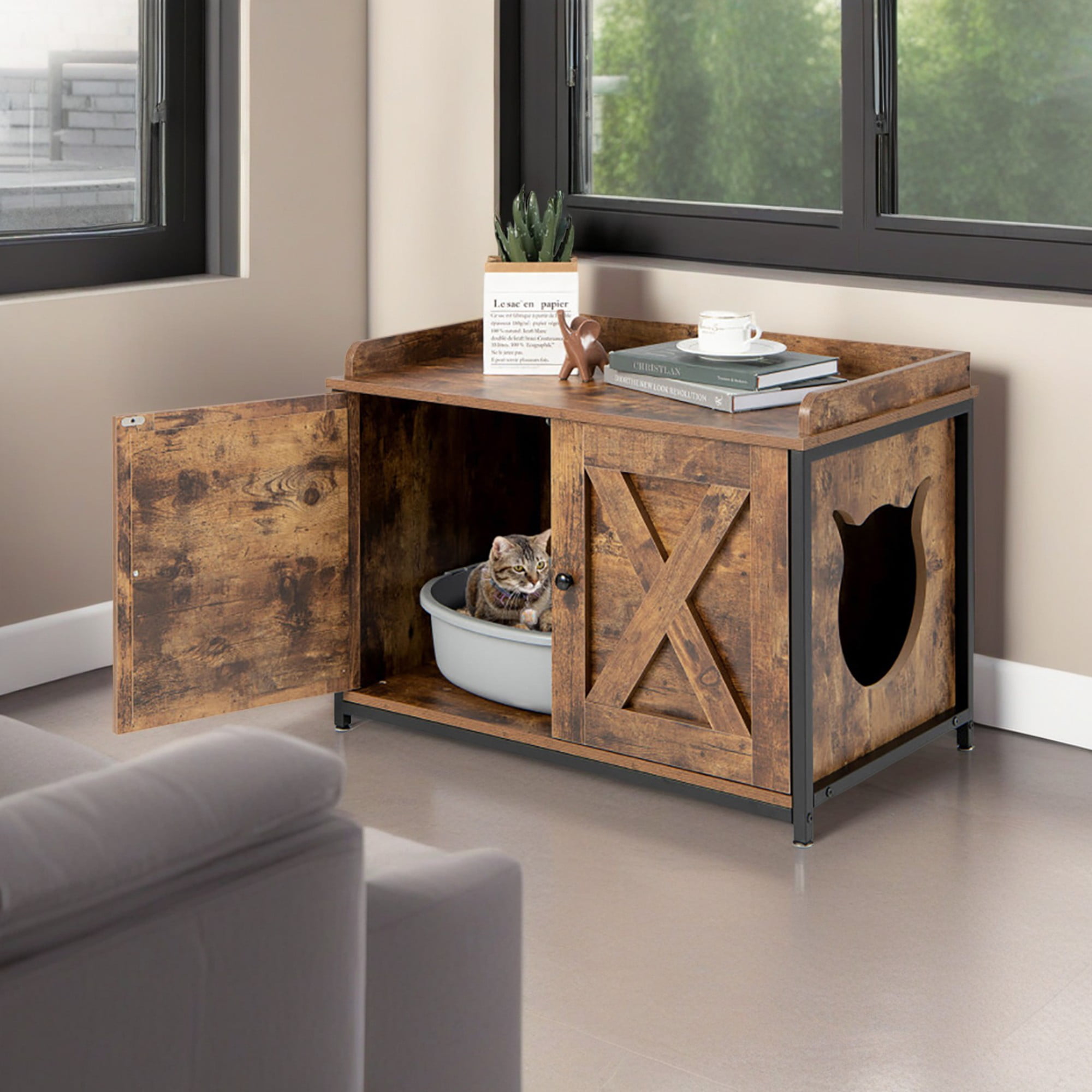 resenkos 31" Cat Litter Box Enclosure, Hidden Litter Box Furniture, Wood Cat House Washroom Cabinet Fit for Most of Cat and Litter Box, Brown