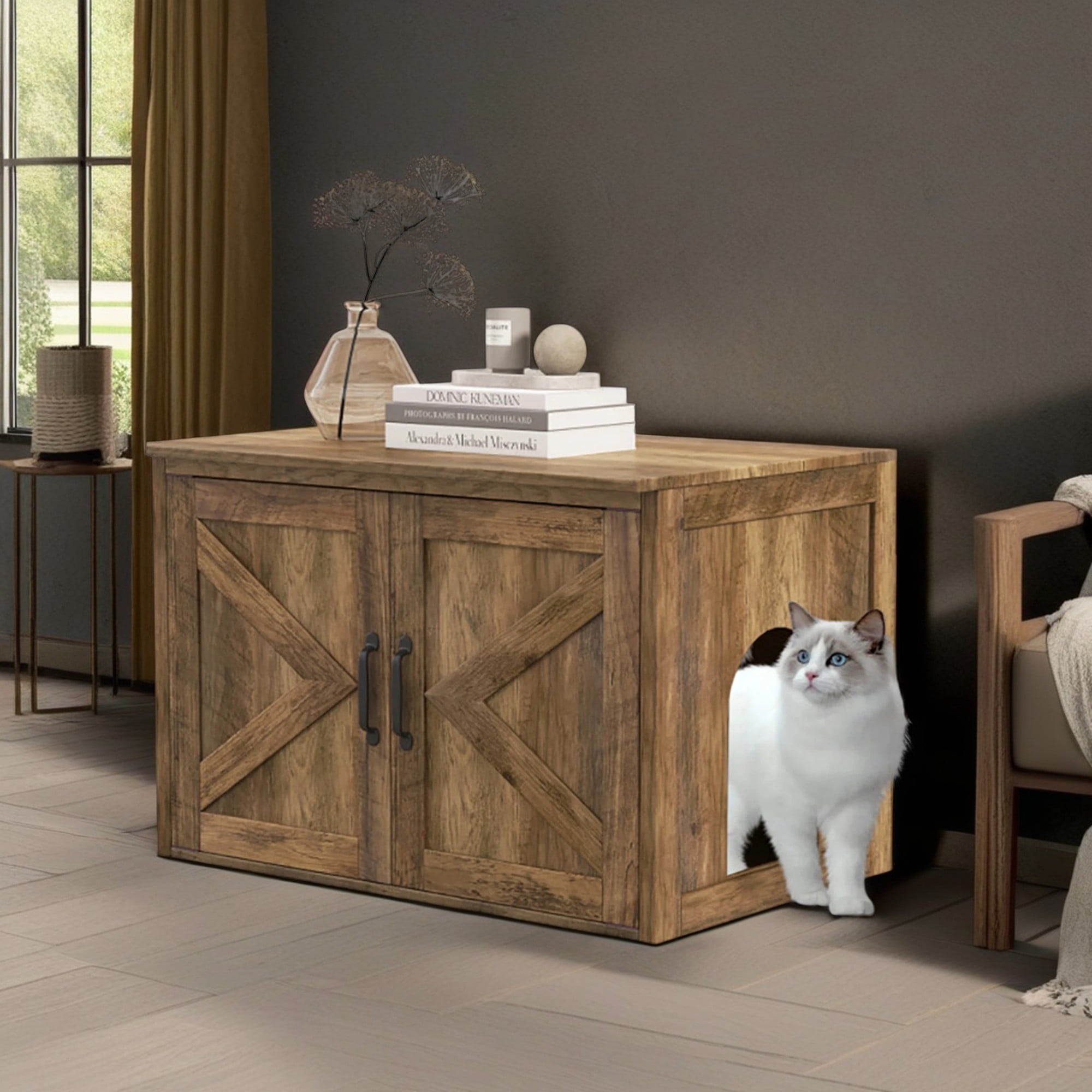 Kadyn 31" Cat Litter Box Enclosure with Double Barn Doors and Removable Divider, Flip Top Hidden Cat House Washroom Furniture, Brown