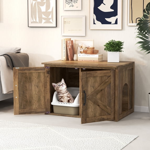 Demi Bonn 31" Cat Litter Box Enclosure with Double Barn Doors and Removable Divider, Flip Top Hidden Cat House Washroom Furniture, Brown