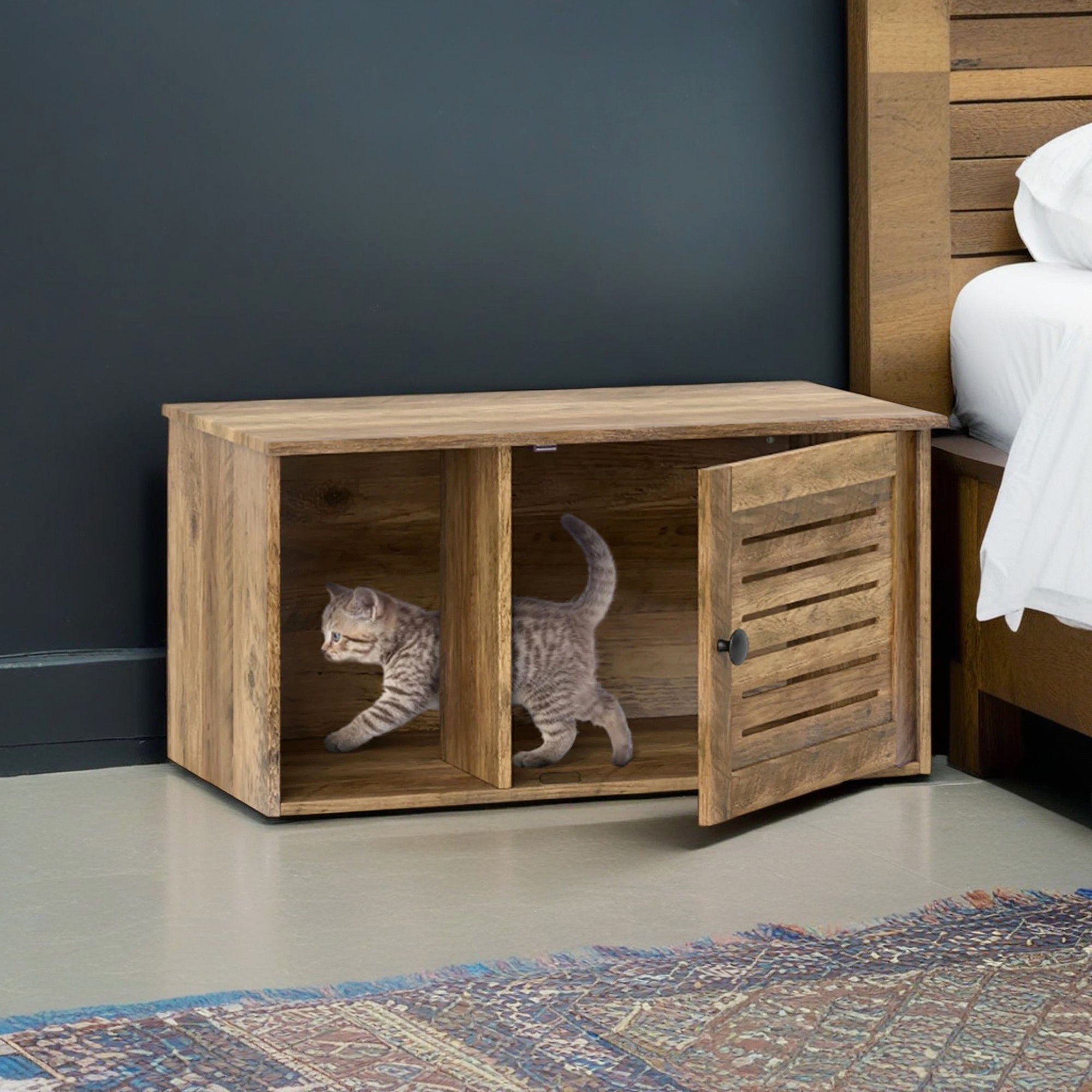 Kadyn 31" Cat Litter Box Enclosure with Louvered Door and Open Compartment, Hidden Cat House Washroom Furniture, Brown