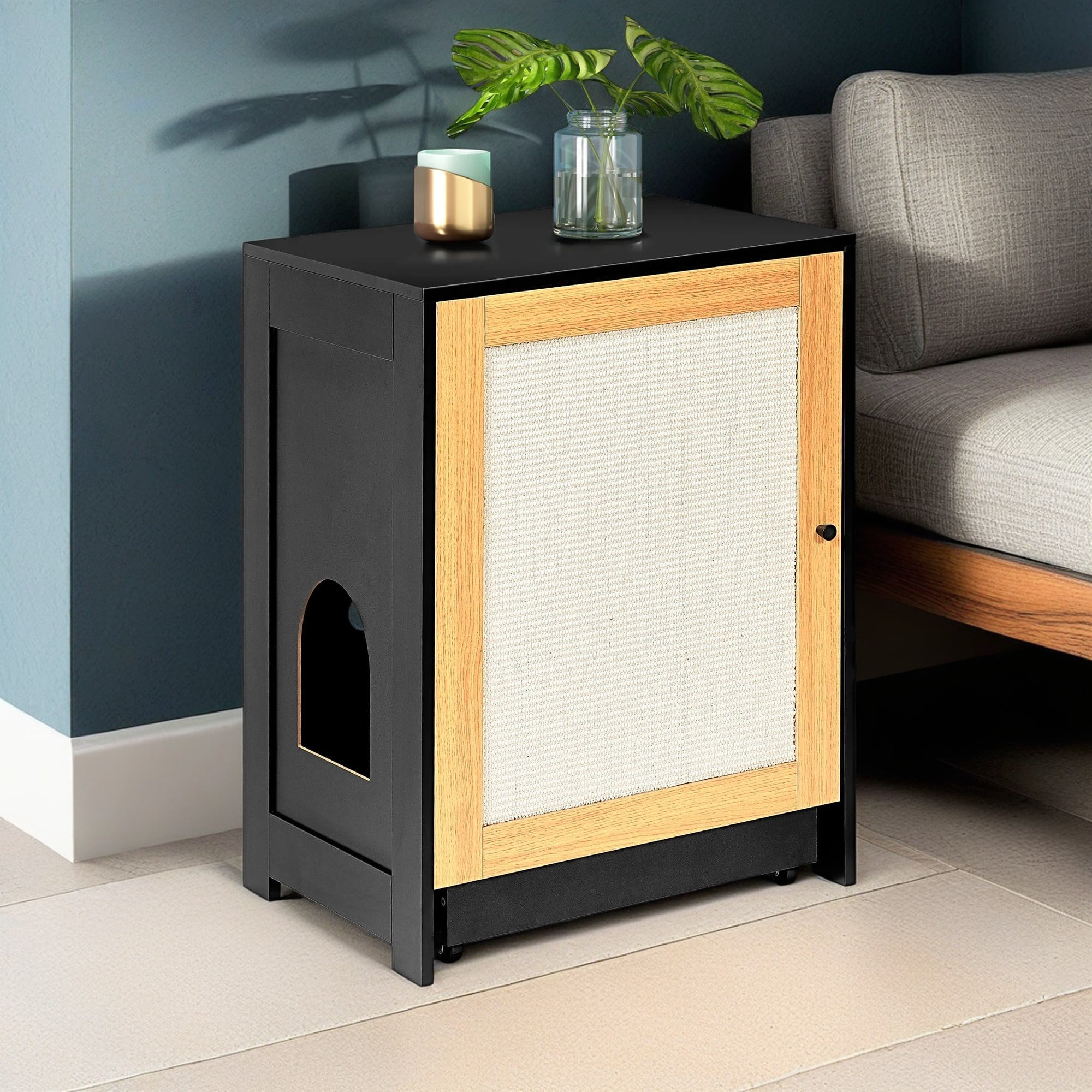 Kadyn 31" Cat Litter Box Enclosure with Sisal Door, Cat House Washroom, Easy-Clean and Stylish Hidden Litter Box Furniture, Black