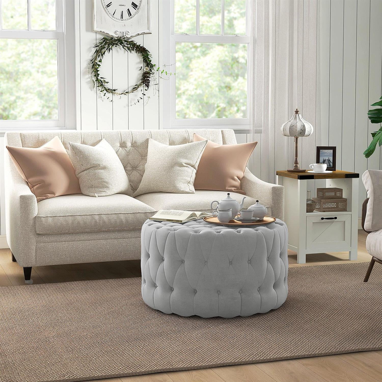 Demi Bonn 31" Coffee Table Ottoman with Velvet Upholstery, Button Tufted Design & Padded Seat for Living Room, Durable Wood Construction, Light Gray