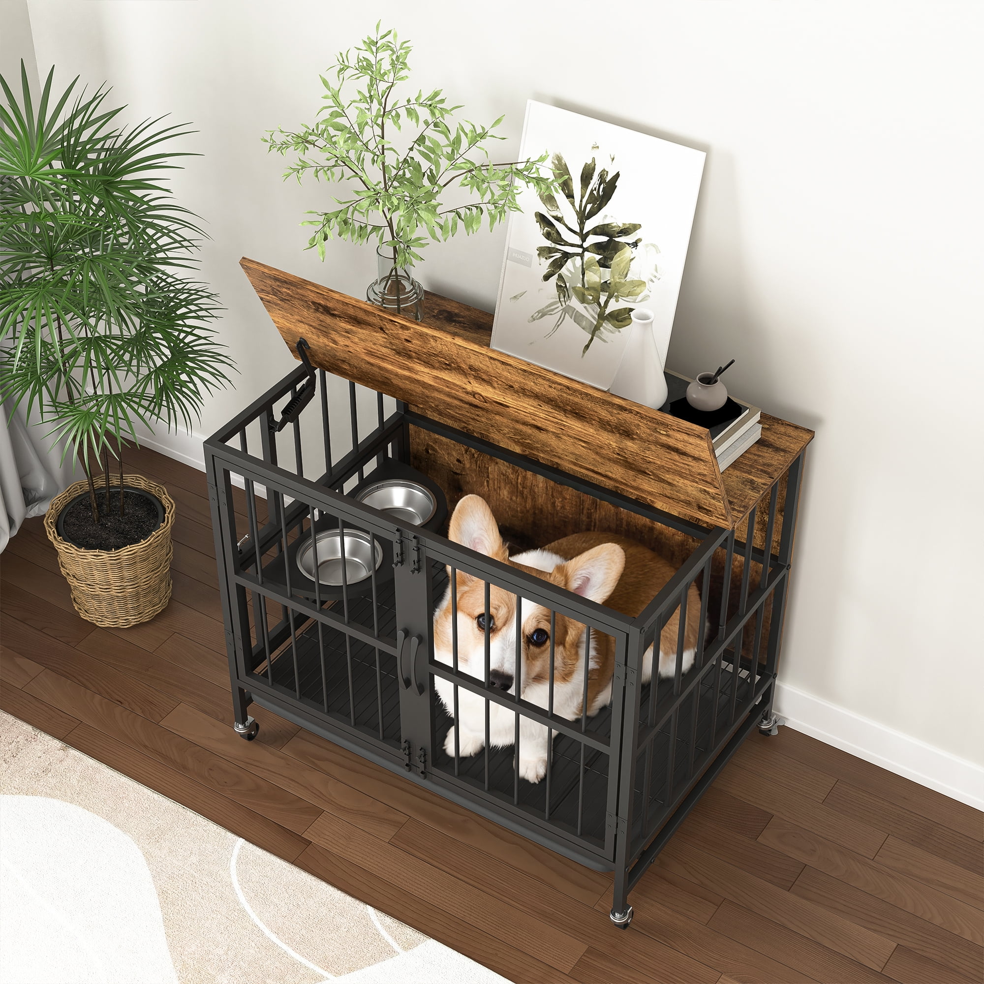 Kadyn 31" Dog Crate with Feeding Bowl, Wheels, Flip-Up Top Opening Kennel with Trays, Furniture Style Dog Cage for Indoor Dogs, Brown