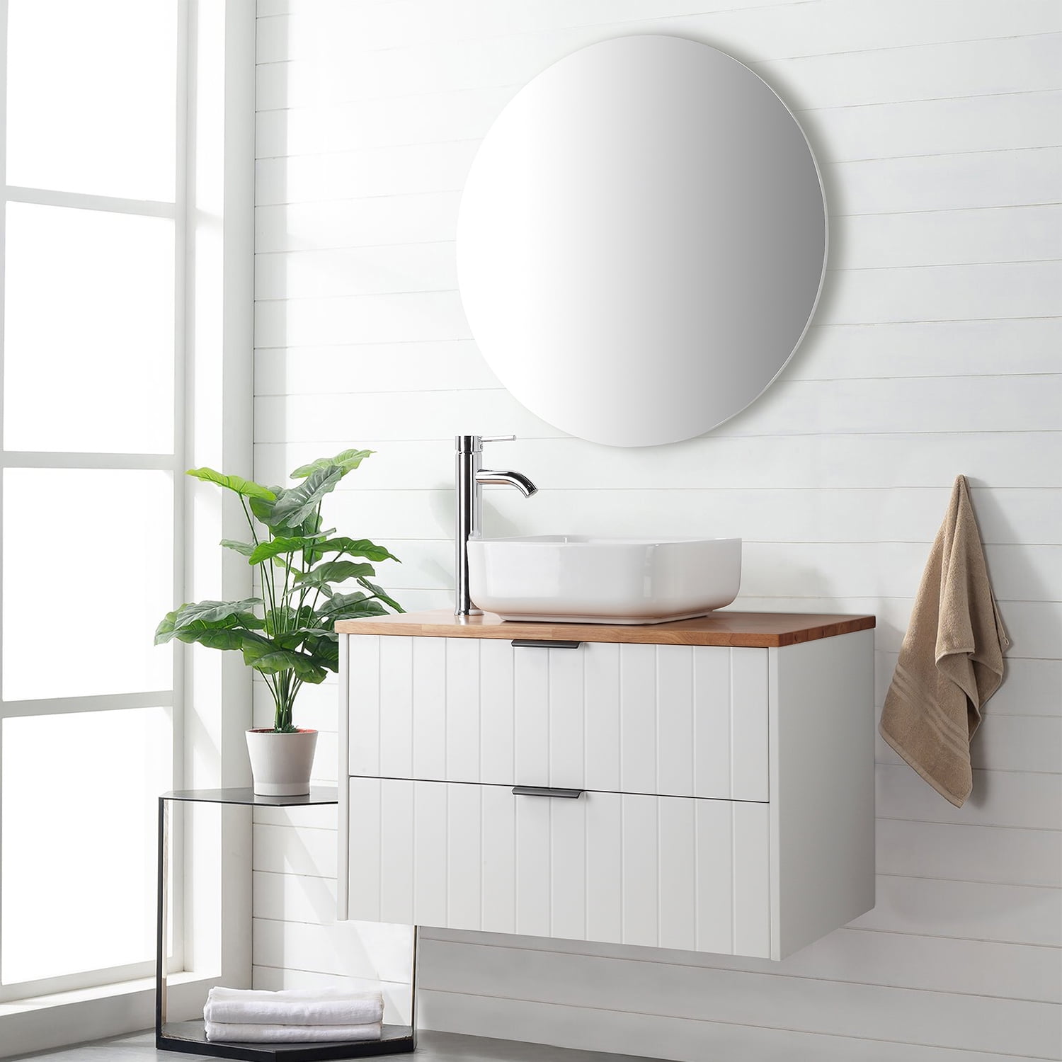 Demi Bonn 31" Double Drawer Wall-Mounted Bathroom Vanity with Solid Wood Natural Top, Square Art Ceramic Sink and Round Mirror, Faucets and Drains Not Included, White