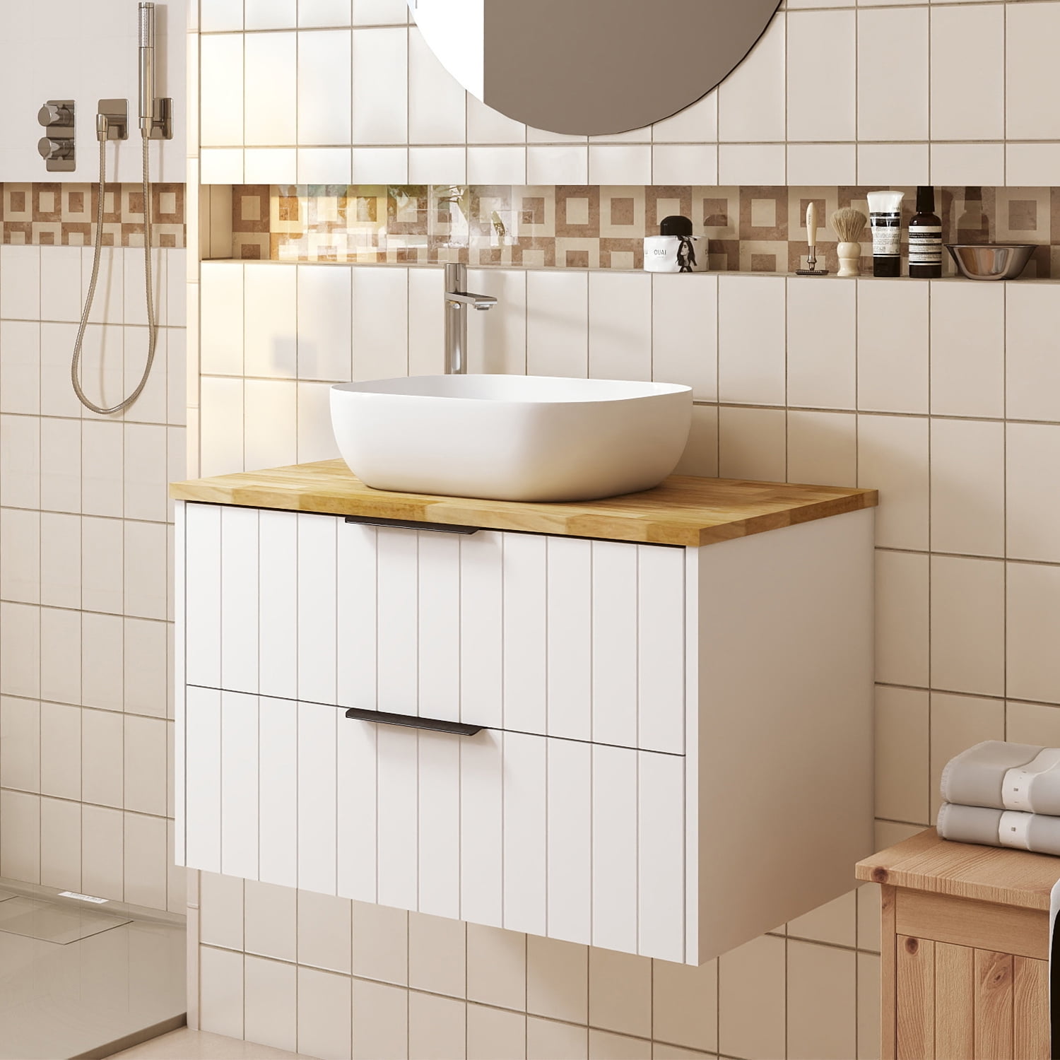 Demi Bonn 31" Double Drawer Wall-Mounted Bathroom Vanity with Solid Wood Natural Top, Faucets and Drains Not Included, White