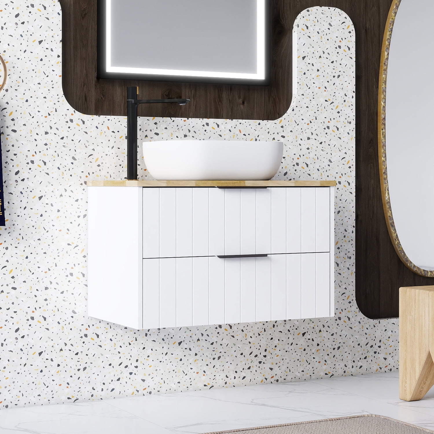 Demi Bonn 31" Double Drawer Wall-Mounted Bathroom Vanity with Solid Wood Natural Top, Square Art Ceramic Sink, Faucets and Drains Not Included, White