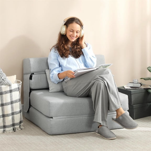 Demi Bonn 31" Folding Chair Bed with Pillow, Modern Linen Sleeper Sofa Bed for Living Room, Dorm, Guest Use, Gray