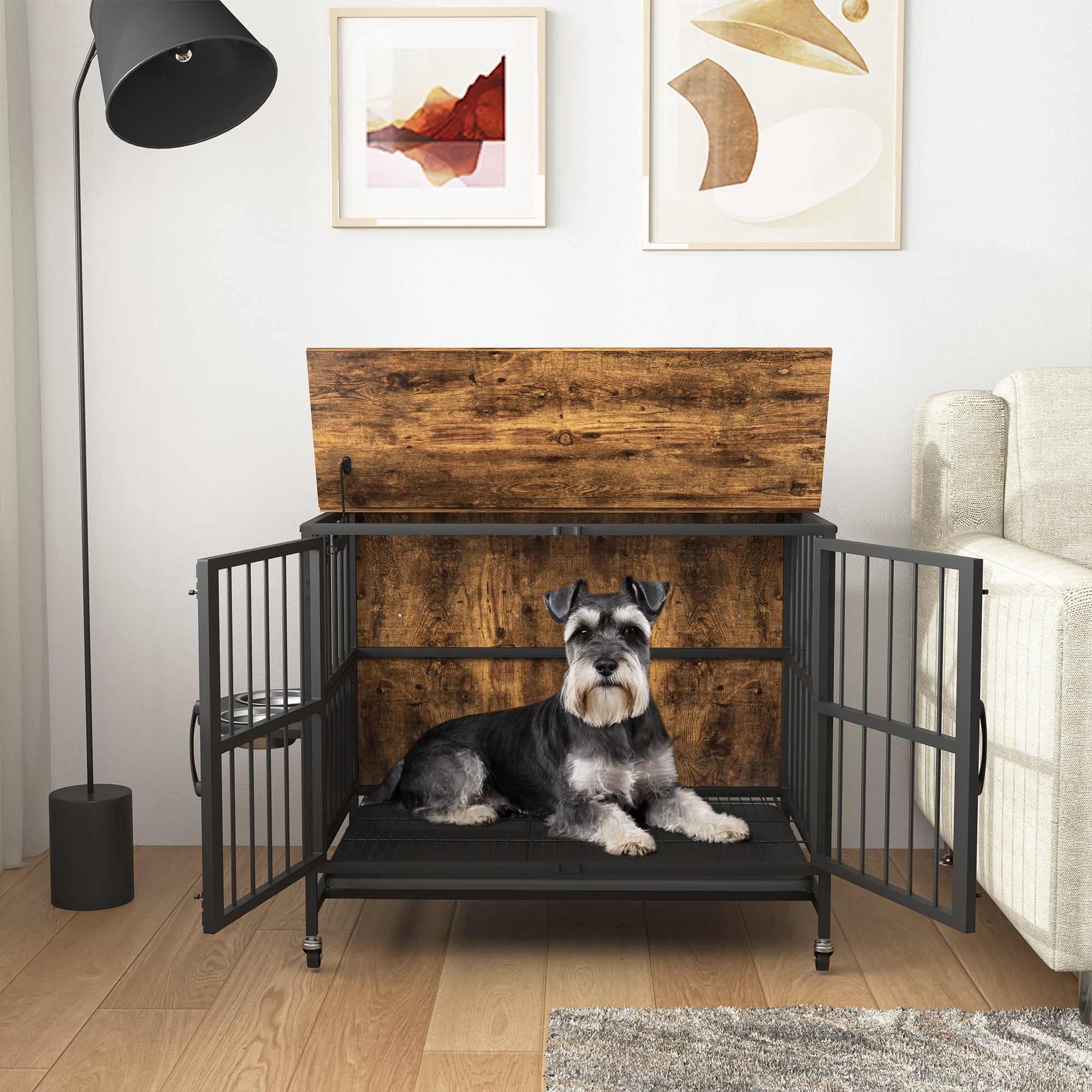 resenkos 31" Furniture Style Dog Crate with Feeding Bowl, Wheels, Kennel with Removable Trays, Indoor Dog Cage Flip-Up Top Opening, Brown