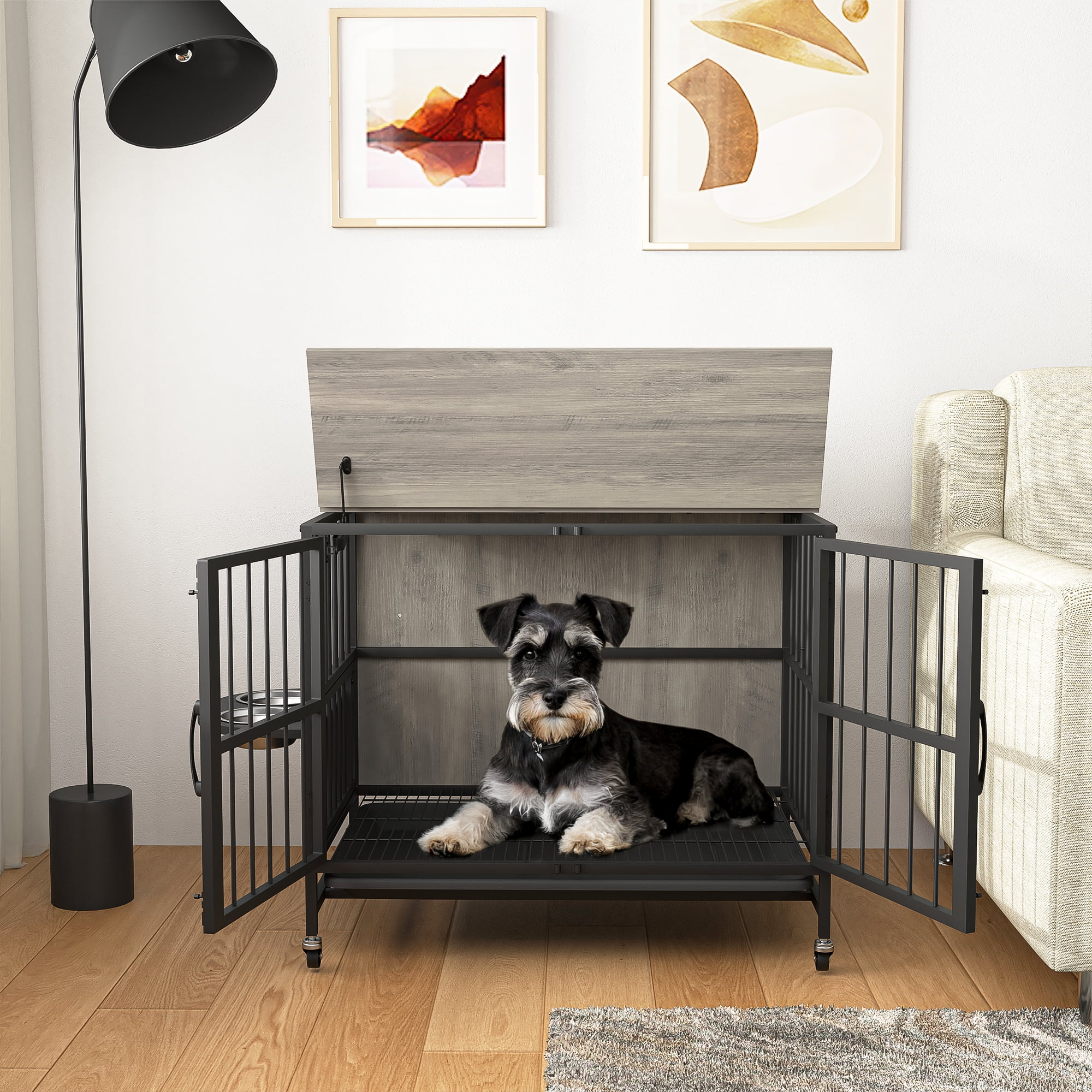 resenkos 31" Furniture Style Dog Crate with Feeding Bowl, Wheels, Kennel with Removable Trays, Indoor Dog Cage Flip-Up Top Opening, Gray