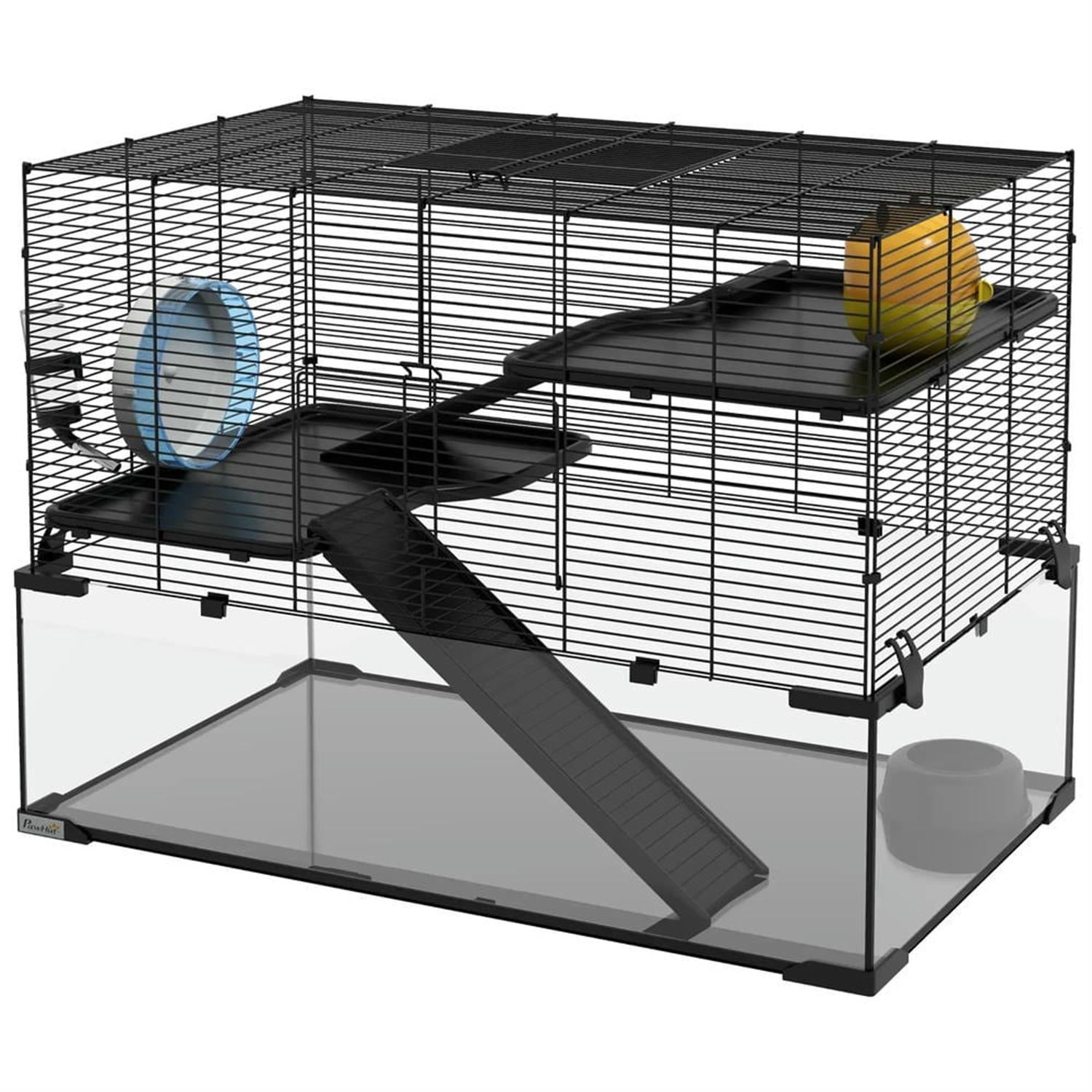 Kadyn 31" Hamster Cage, Gerbil Cage with Glass Basin for Small Hamsters, 3 Levels Small Animal Habitats, Black