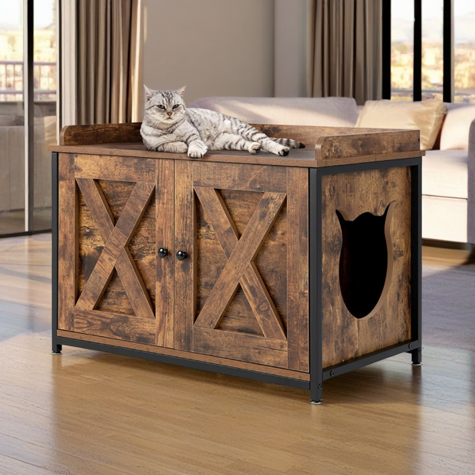 resenkos 31" Hidden Cat House Washroom Furniture with Double Doors and Adjustable Footpads, Wood Cat Litter Box Enclosure Cabinet with Side Entrance, Brown