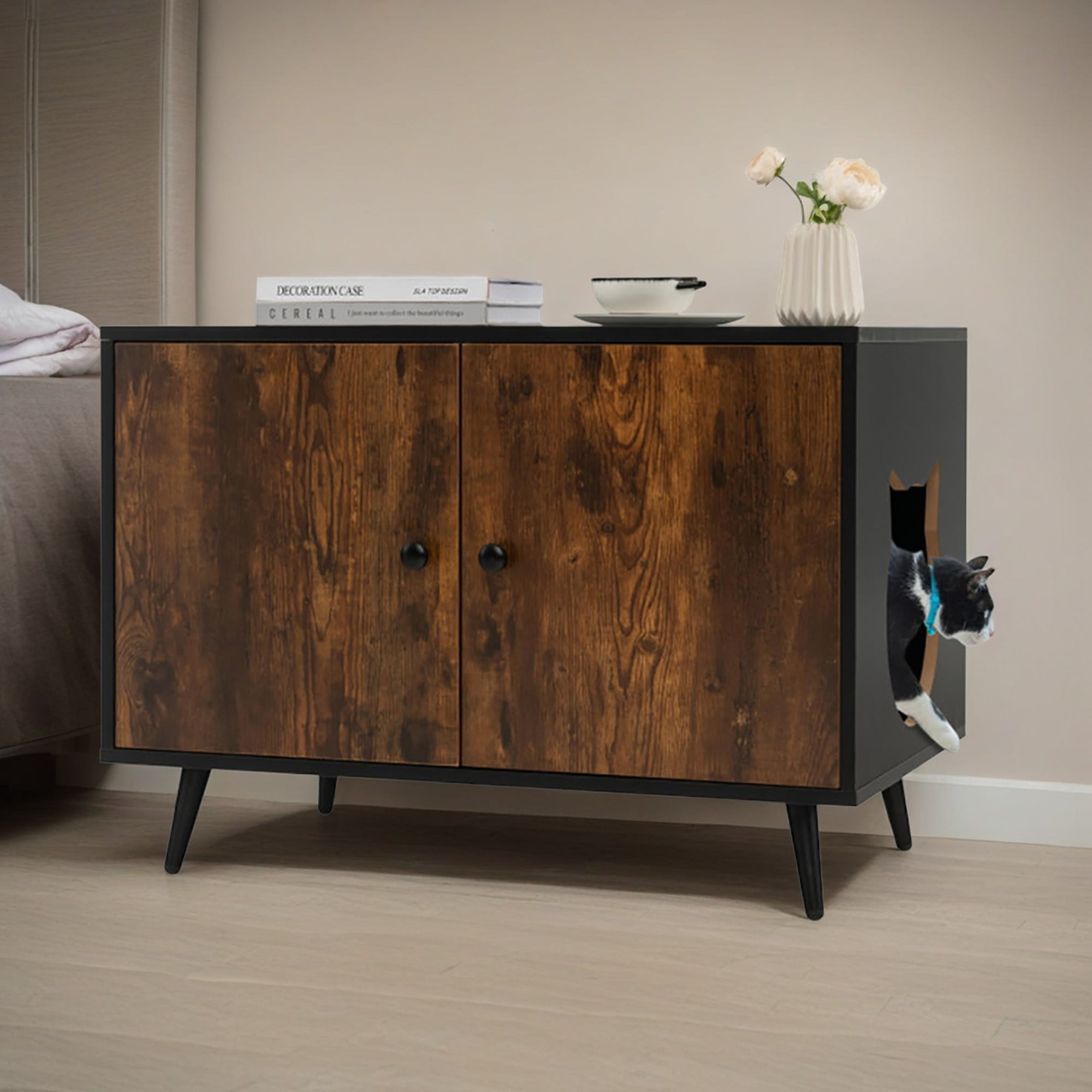 resenkos 31" Hidden Cat House Washroom Furniture, Wood Cat Litter Box Enclosure Cabinet with Divider and Cat-Shaped Entries, Black