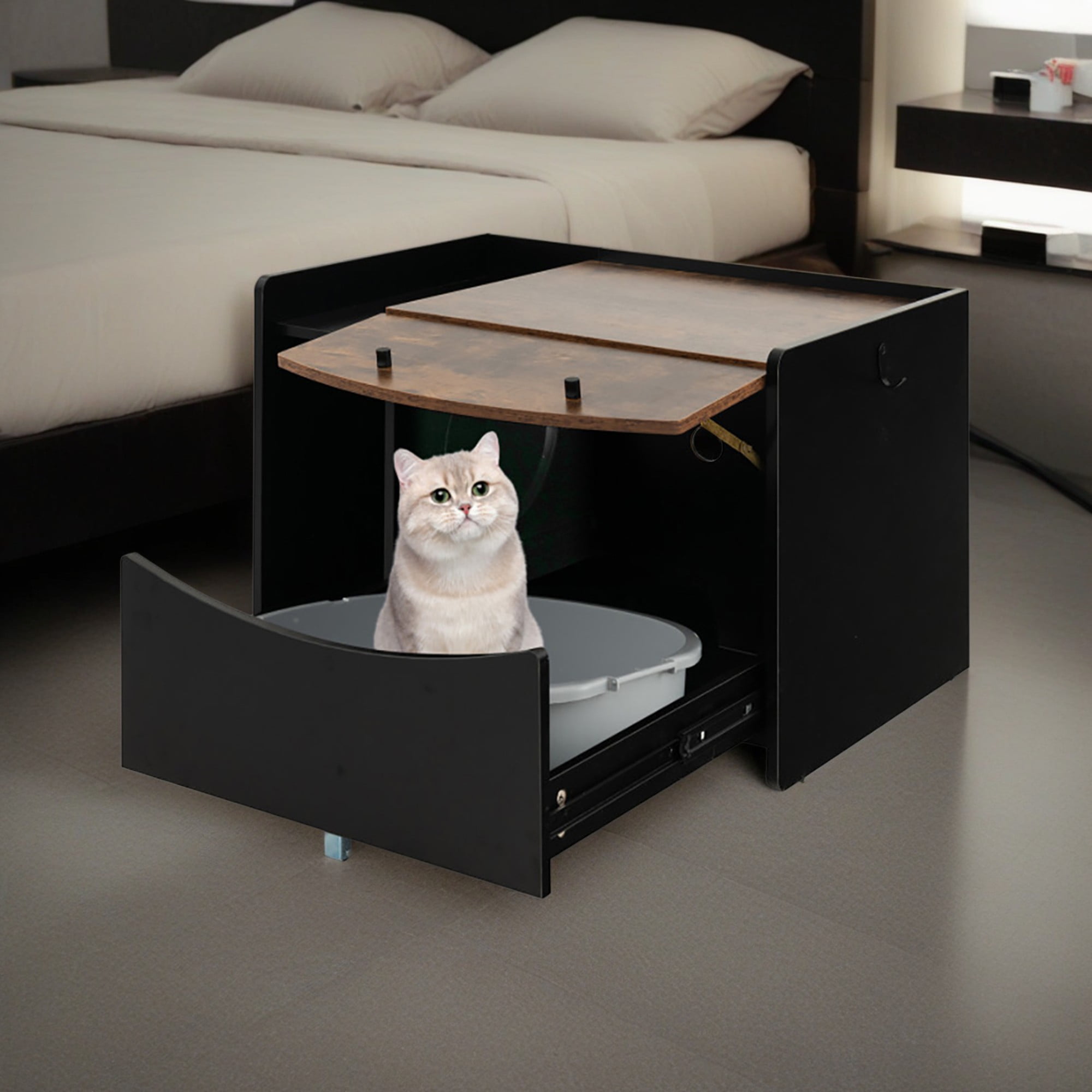 resenkos 31" Hidden Cat House Washroom Furniture, Wood Pull-Out Cat Litter Box Enclosure Cabinet with Side Entrance, Black