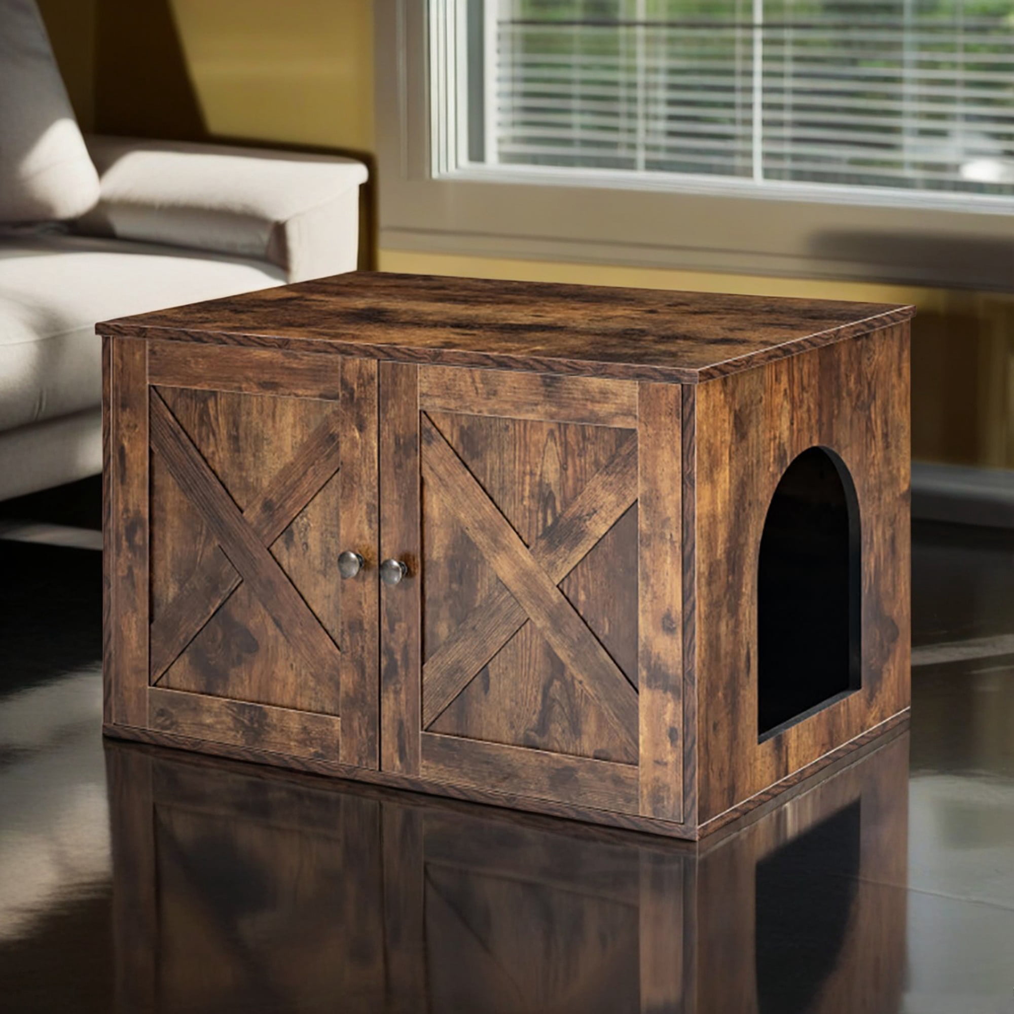 resenkos 31" Hidden Cat House Washroom Furniture with Double Doors and Divider, Wood Cat Litter Box Enclosure Cabinet with Side Entrance, Brown