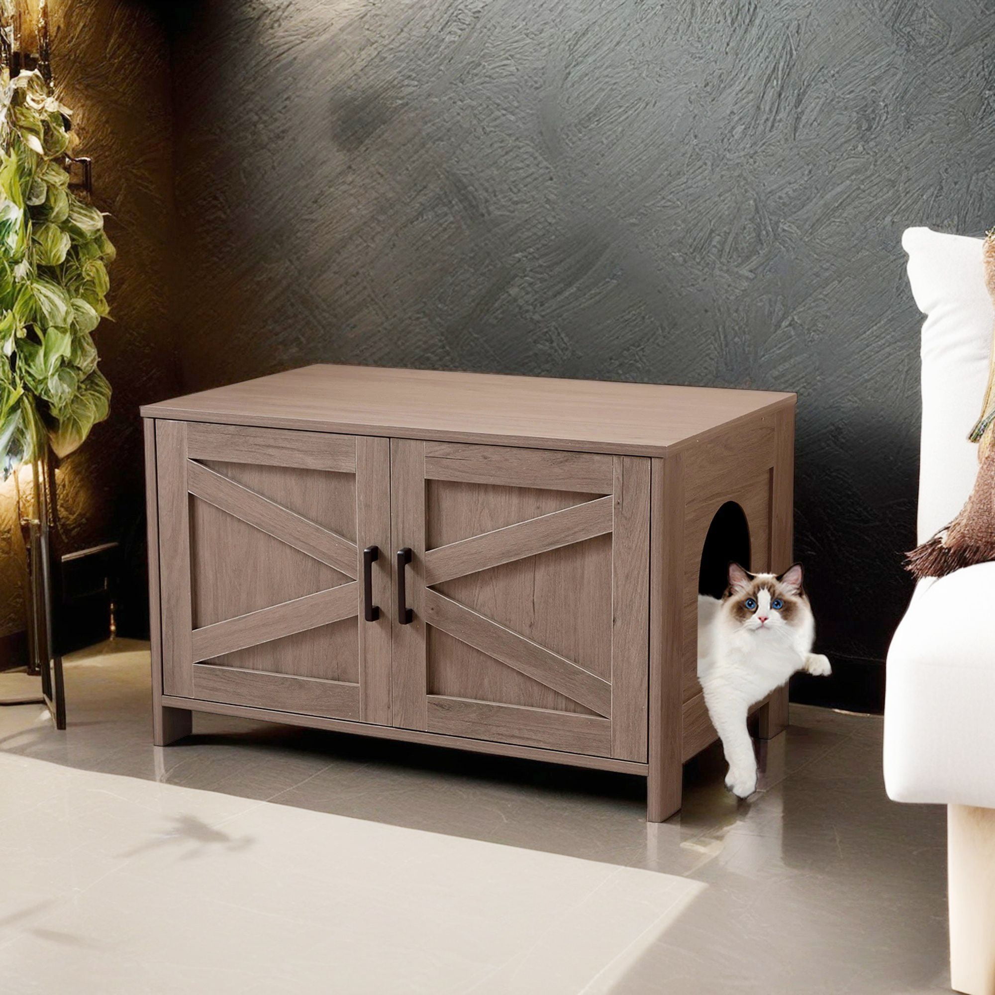 Kadyn 31" Hidden Cat Litter Box Enclosure Furniture with Barn Door, Indoor Cat Washroom, Wooden Enclused Litter Box Cat House, Brown