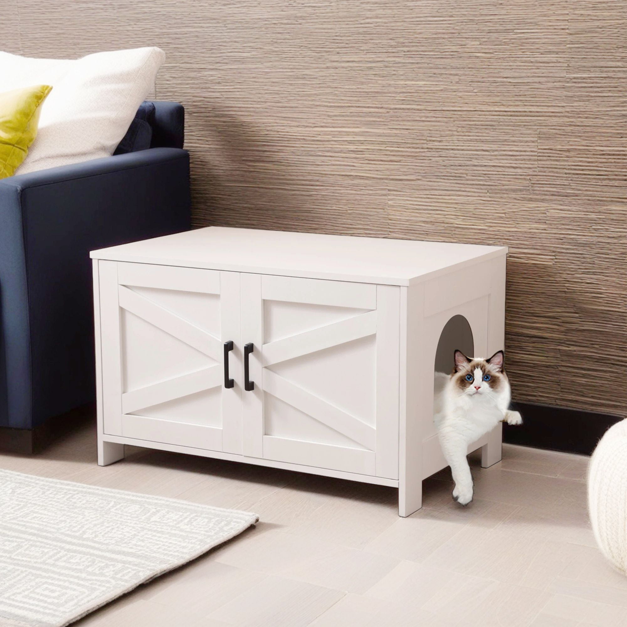 Kadyn 31" Hidden Cat Litter Box Enclosure Furniture with Barn Door, Indoor Cat Washroom, Wooden Enclused Litter Box Cat House, White