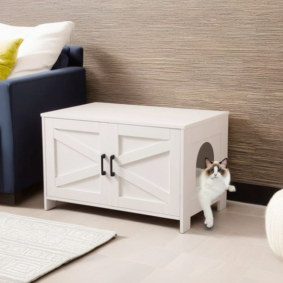 Demi Bonn 31" Hidden Cat Litter Box Enclosure Furniture with Barn Door, Indoor Cat Washroom, Wooden Enclused Litter Box Cat House, White