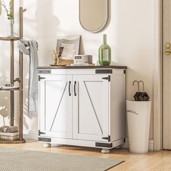Demi Bonn 31" Kitchen Sideboard, Buffet Cabinet with Barn Door and Adjustable Shelf for Living Room, Bedroom, Distressed White