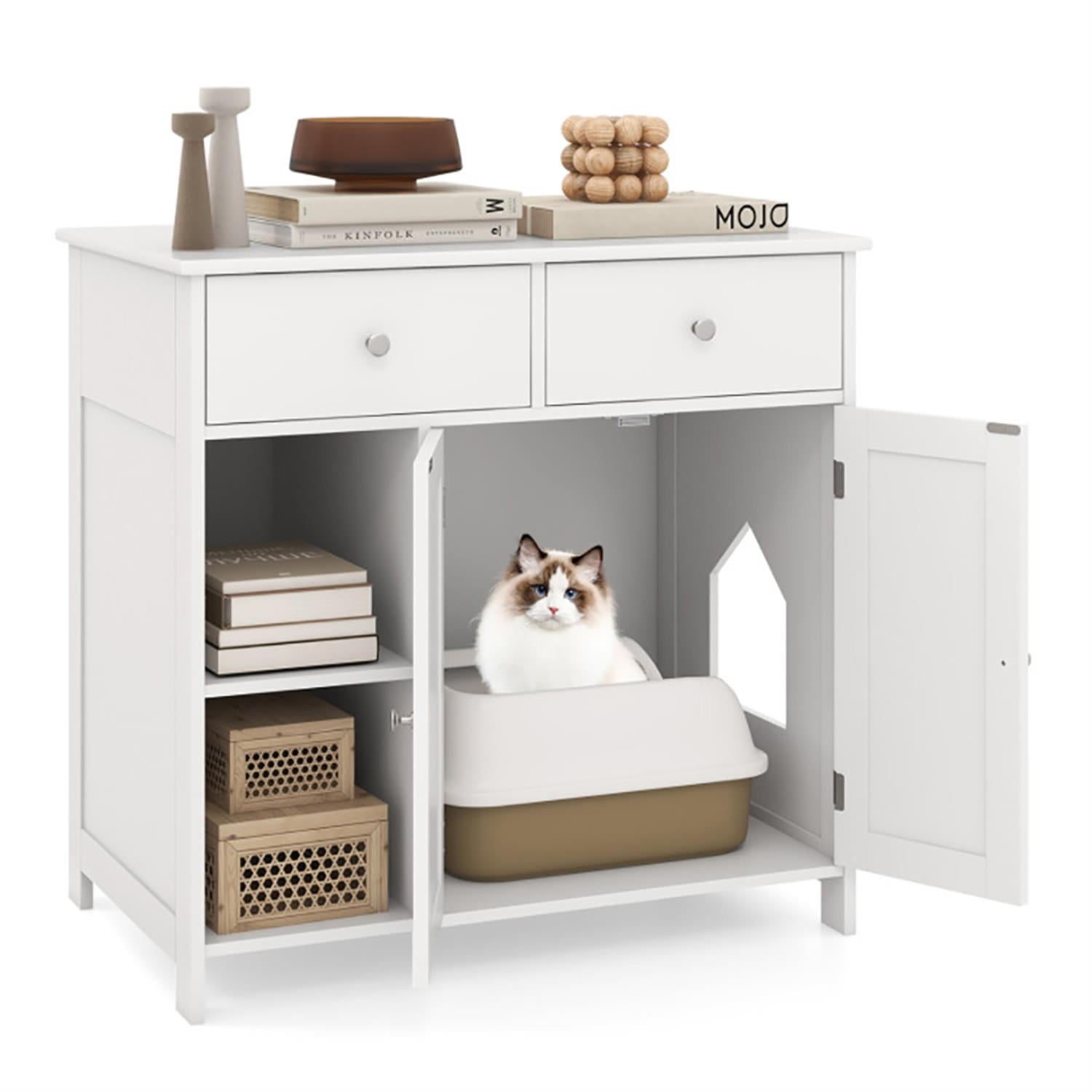 Kadyn 31" Modern Cat Litter Box Enclosure with 2 Drawers, Hidden Litter Box for Cats, Cat House Furniture for Side Table or Nightstand, White