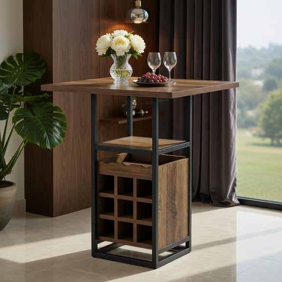 Demi Bonn 31" Modern Narrow Bar Table with 4-Tier Wine Rack & Glass Holder, Space-Saving Kitchen or Home Bar Storage Table, Brown