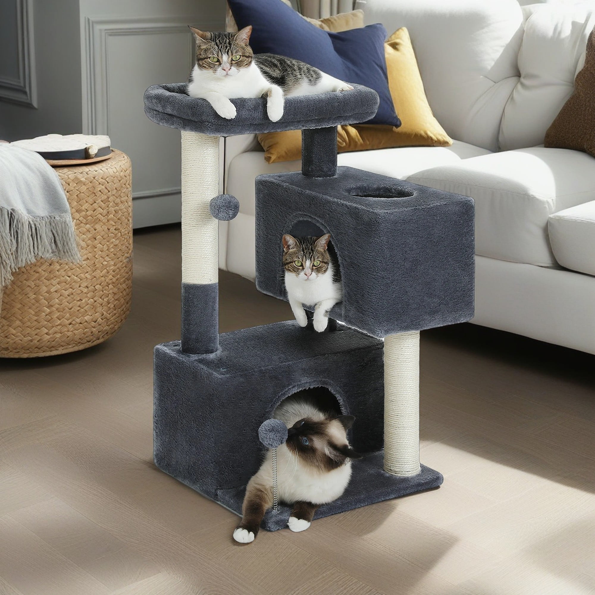 resenkos 31" Multi-Level Cat Tree Tower, Cute Sisal Play House Climber Activity Centre Furniture with Scratching Posts Hammock Dangling Ball, Dark Gray