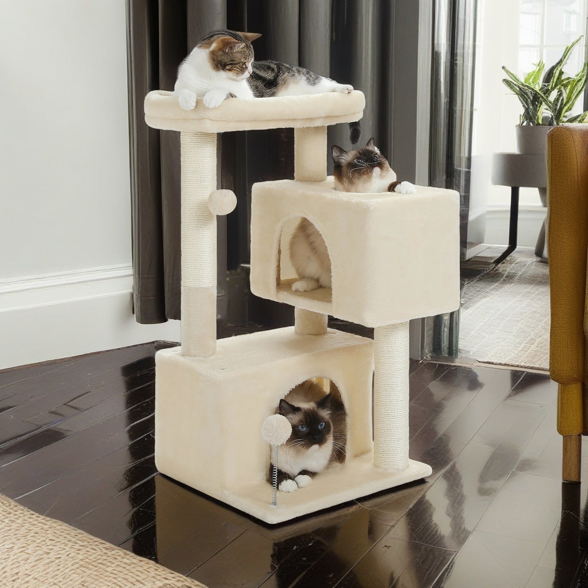 resenkos 31" Multi-Level Cat Tree Tower, Cute Sisal Play House Climber Activity Centre Furniture with Scratching Posts Hammock Dangling Ball, Beige