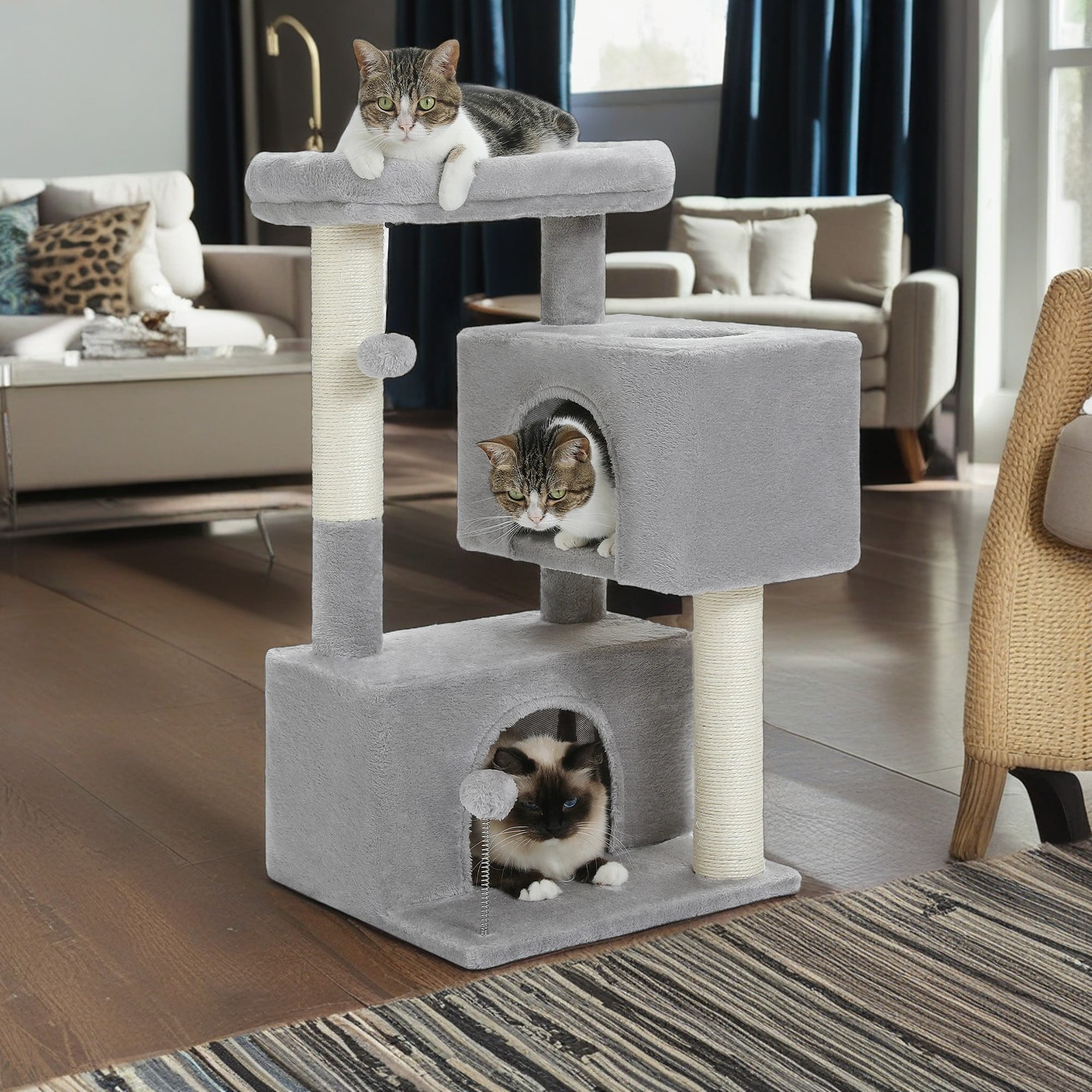 resenkos 31" Multi-Level Cat Tree Tower, Cute Sisal Play House Climber Activity Centre Furniture with Scratching Posts Hammock Dangling Ball, Gray