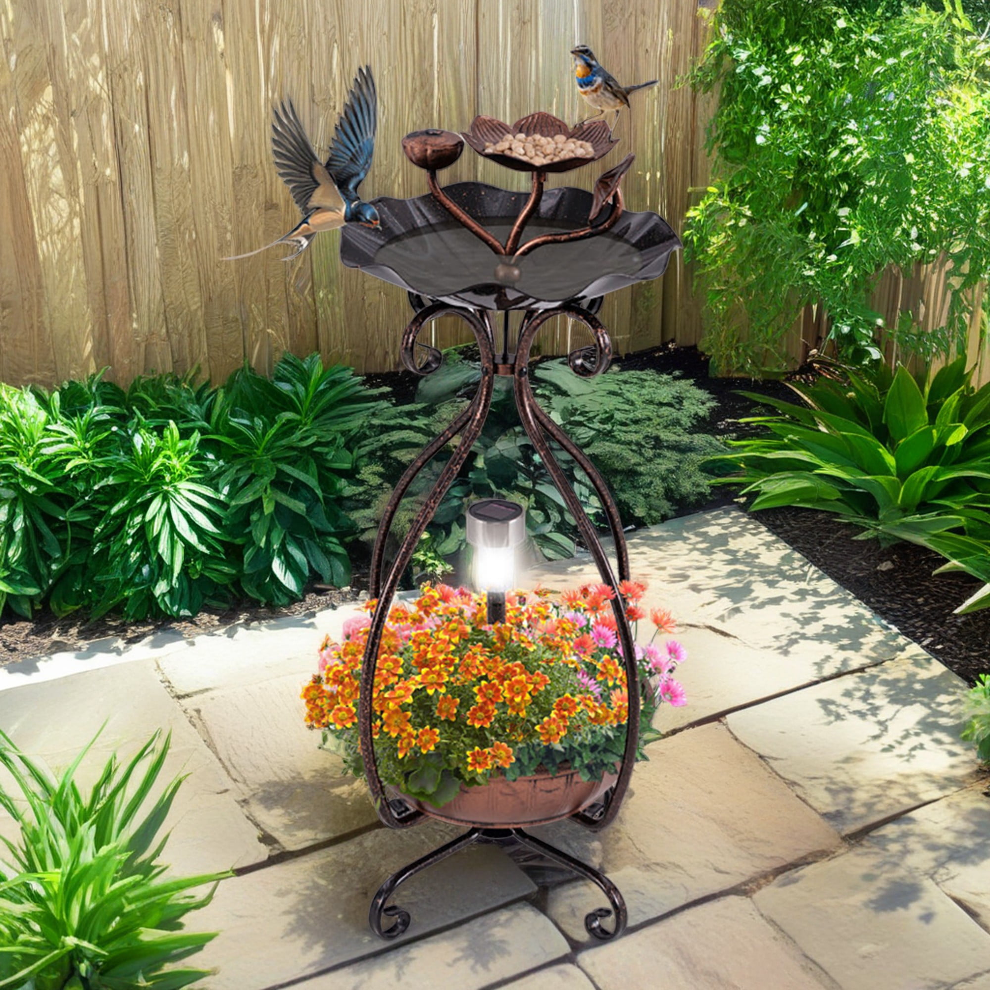 resenkos 31" Outdoor Garden Bird Bath with Solar Light, Flower Planter Pedestal, Backyard Bird Feeder and Flower Planter, Brown