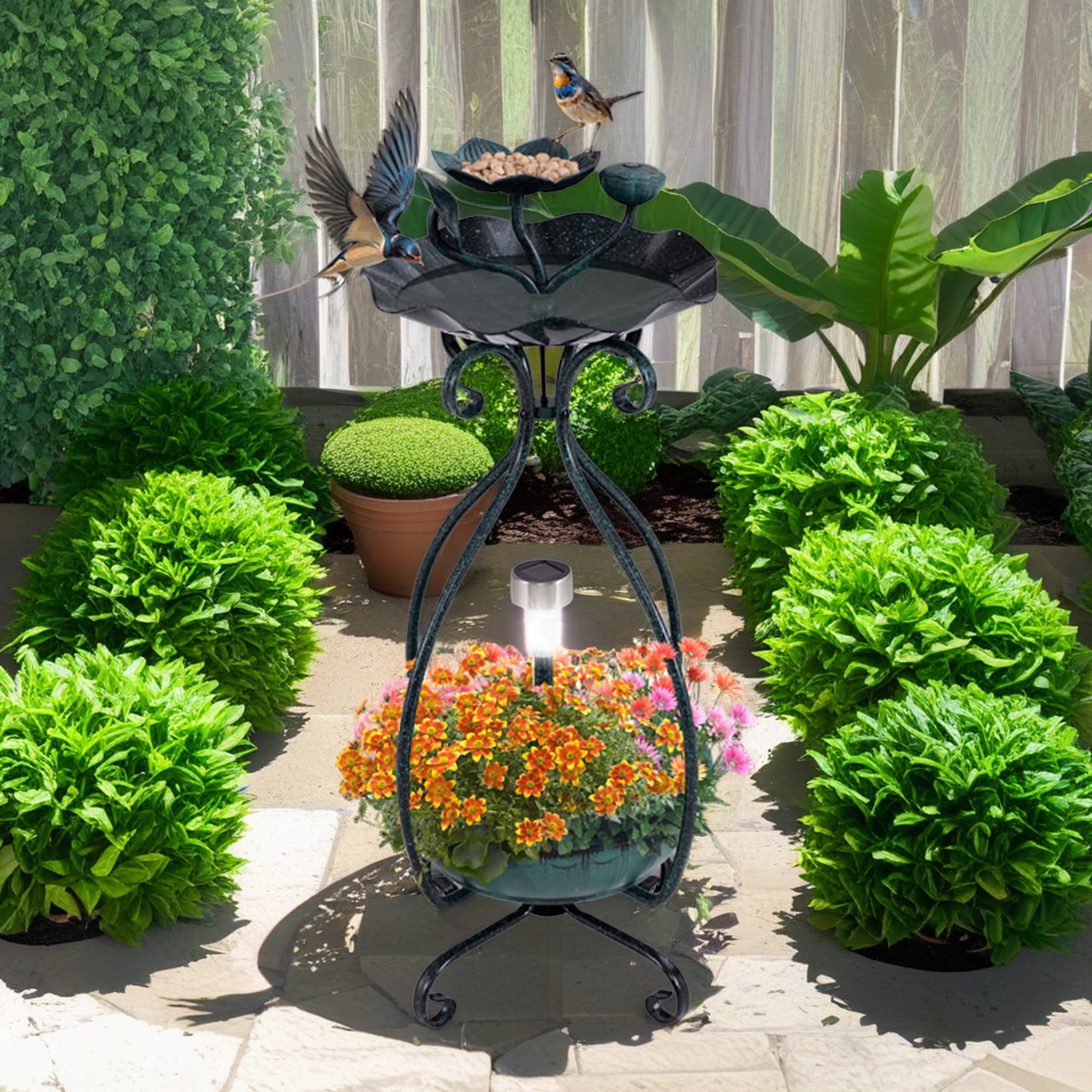 resenkos 31" Outdoor Garden Bird Bath with Solar Light, Flower Planter Pedestal, Backyard Bird Feeder and Flower Planter, Green