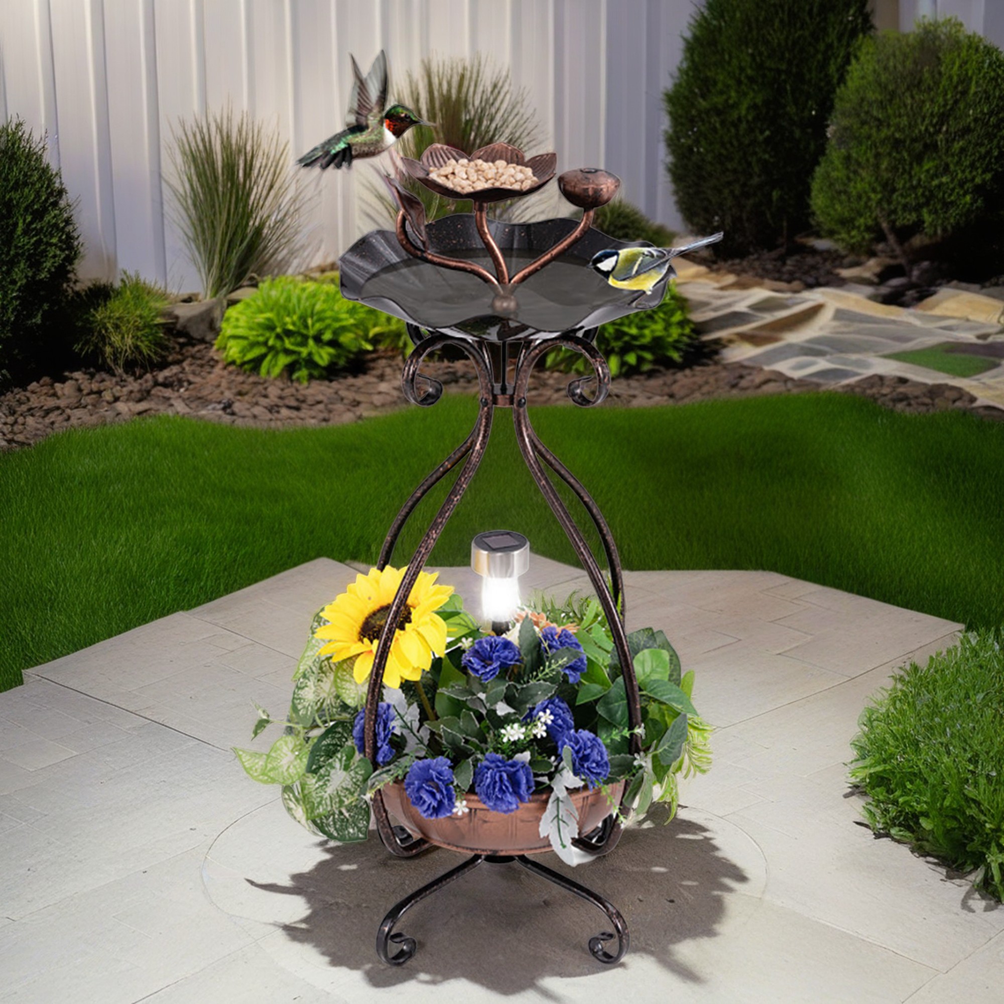 Kadyn 31" Outdoor Pedestal Garden Bird Bath with Solar Light, Bird Feeder and Flower Planter, Standing Lotus Leaf Bowl Birdbath, Brown
