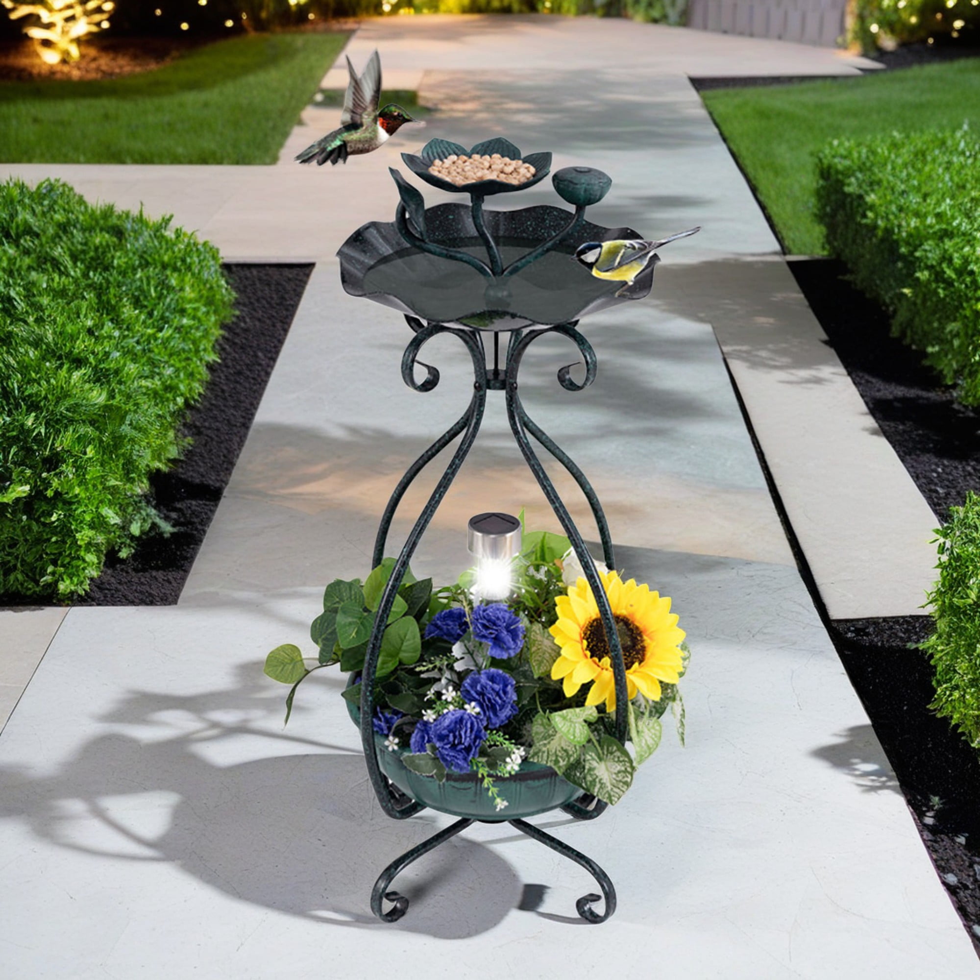resenkos 31" Outdoor Pedestal Garden Bird Bath with Solar Light, Bird Feeder and Flower Planter, Standing Lotus Leaf Bowl Birdbath, Green