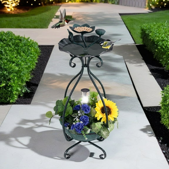Demi Bonn 31" Outdoor Pedestal Garden Bird Bath with Solar Light, Bird Feeder and Flower Planter, Standing Lotus Leaf Bowl Birdbath, Green