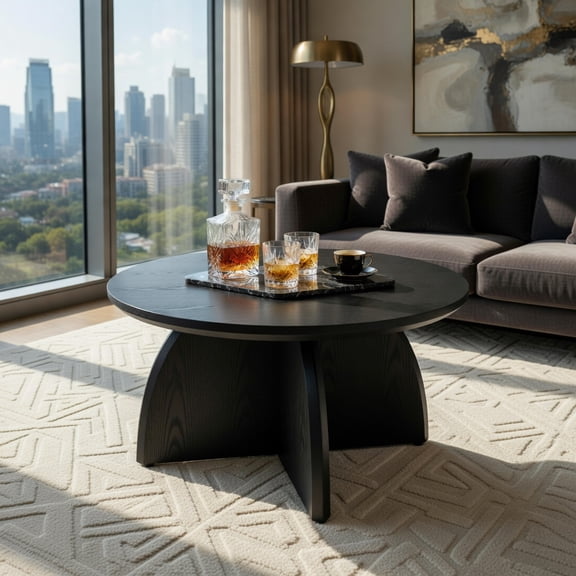 Demi Bonn 31" Round Coffee Table with Sturdy Column Base, Modern Minimalist Living Room Table, Scratch-Resistant MDF Surface, Easy Assembly, Black