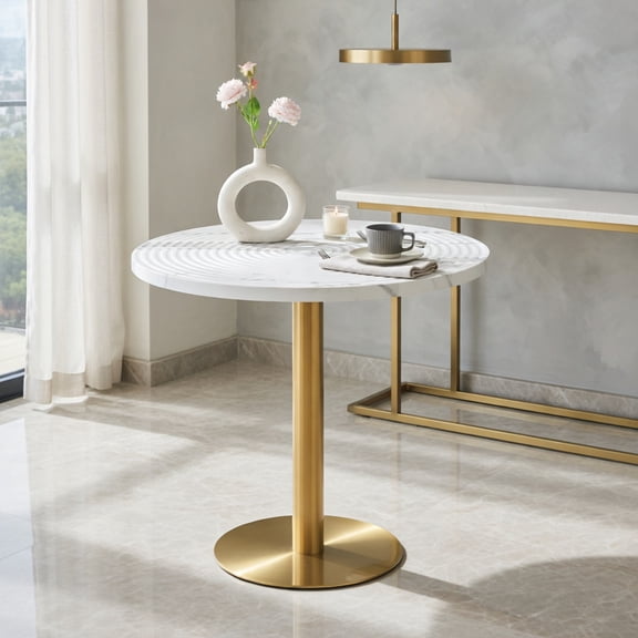 Demi Bonn 31" Round Dining Table with Marble Pattern & Gold Metal Base, Water-Resistant Suction-Molded MDF Top, Modern Minimalist Design for Dining or Home Office, White