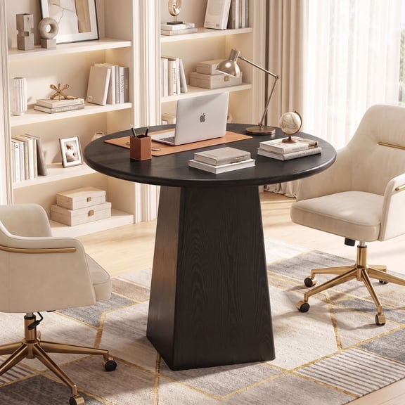 Canddidliike 31" Round Farmhouse Dining Table, Compact Wooden Kitchen Table for 2-4, Square Base Design, Ideal for Small Apartments & Studios, Black