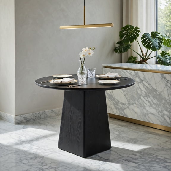 Demi Bonn 31" Round Farmhouse Dining Table, Compact Wooden Kitchen Table for 2-4, Square Base Design, Ideal for Small Apartments & Studios, Black