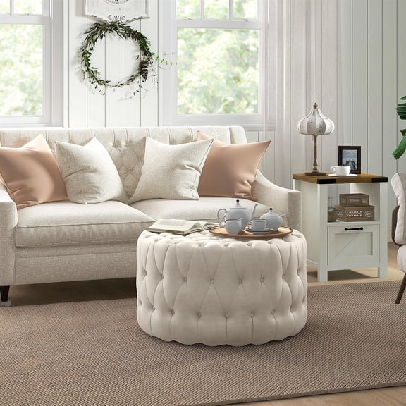Demi Bonn 31" Round Ottoman Coffee Table with Velvet-feel Upholstery, Button Tufted Design and Padded Seat for Living Room, Beige
