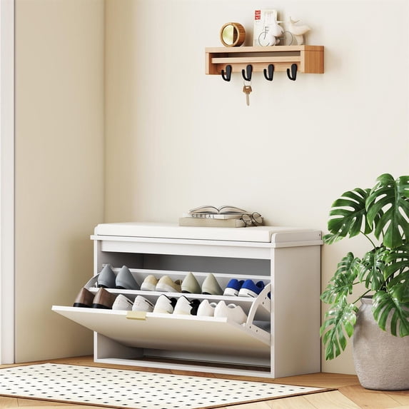Demi Bonn 31" Shoe Storage Bench with Padded Seat & Flip-Drawer, Entryway Organizer for Home & Office, Compact Design, White