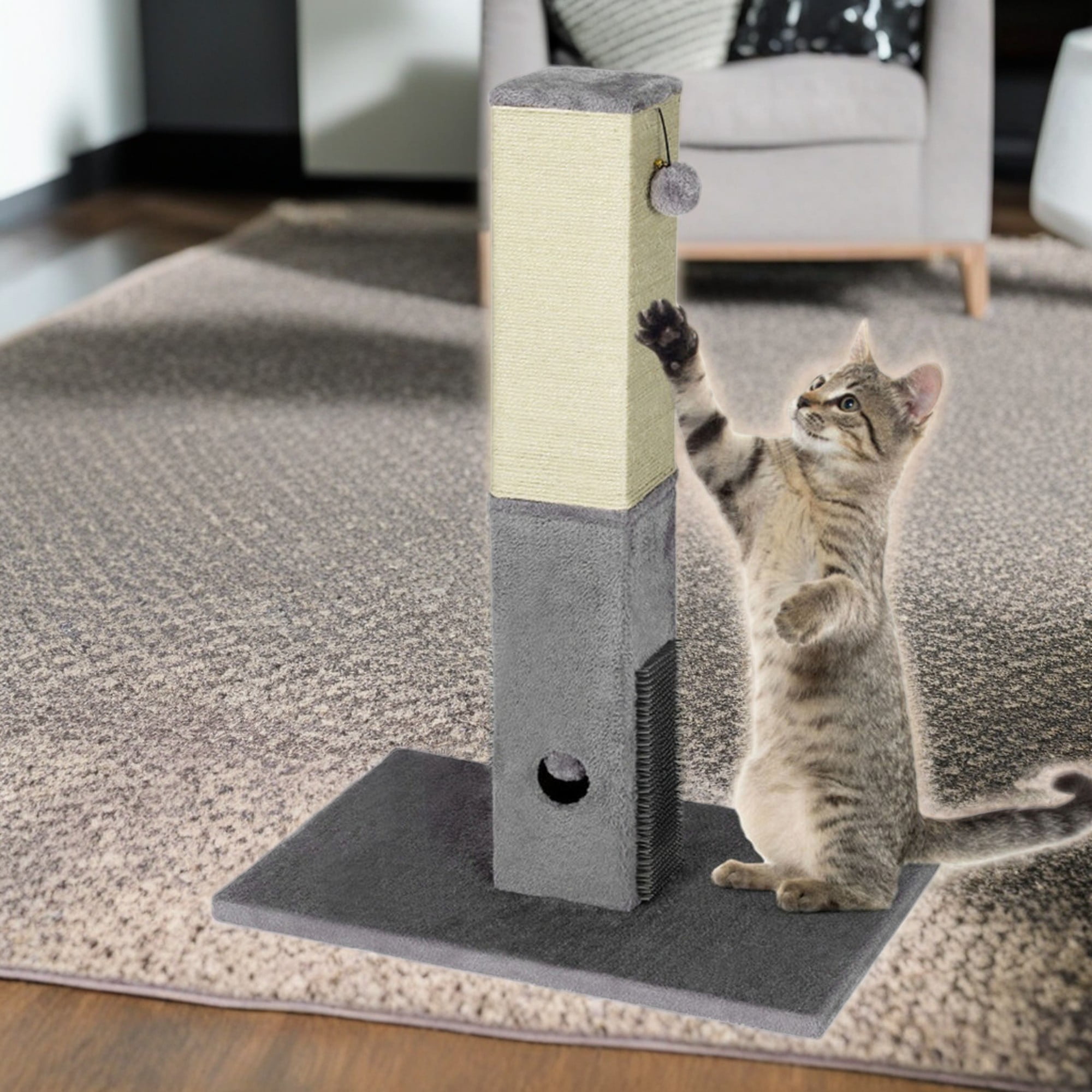31'' Tall Light Gray Sisal Cat Scratching Post with Plush Ball