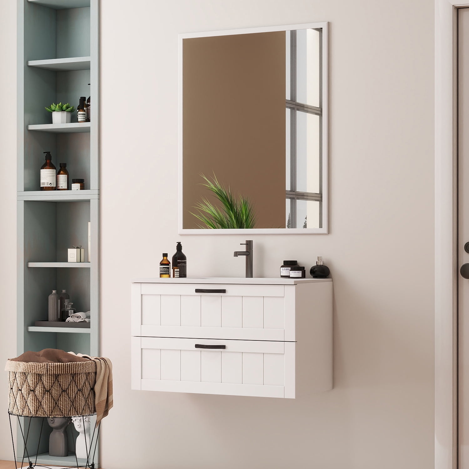 Demi Bonn 31" Wall-Mounted Bathroom Vanity with Decor Line Soft-Close Double Drawer, Basin and Mirror, Faucets and Drains Not Included, White