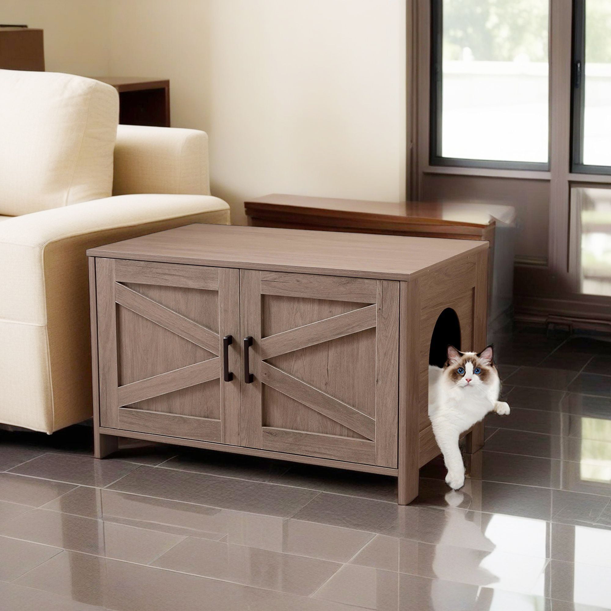 resenkos 31" Wooden Cat Litter Box Cover Enclosure, Hidden Cat House Washroom, Spacious Storage, Fit Most of Litter Box, Brown