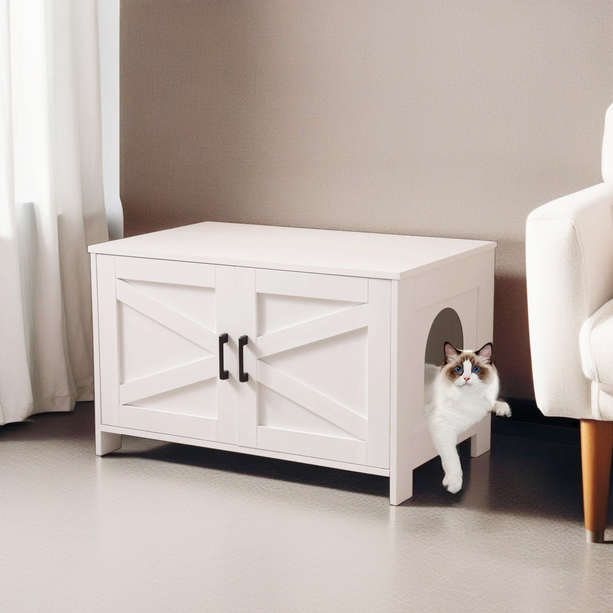 Kadyn 31" Wooden Cat Litter Box Cover Enclosure, Hidden Cat House Washroom, Spacious Storage, Fit Most of Litter Box, White