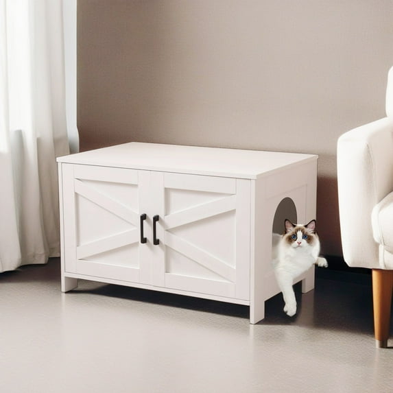 Demi Bonn 31" Wooden Cat Litter Box Cover Enclosure, Hidden Cat House Washroom, Spacious Storage, Fit Most of Litter Box, White
