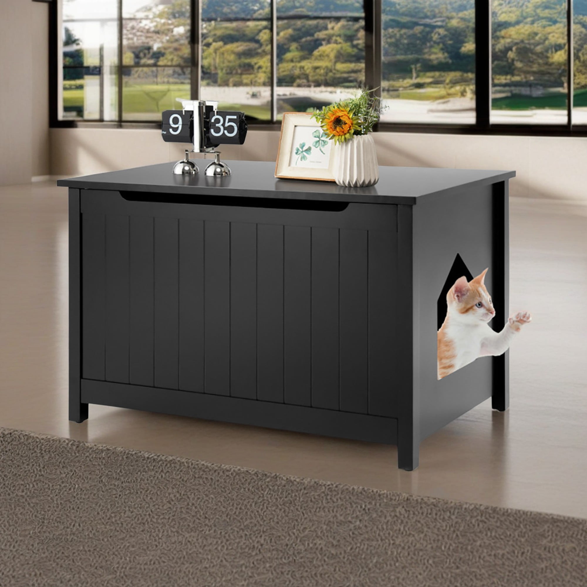 resenkos 31" Wooden Cat Litter Box Enclosure with Top Opening, Hidden Cat House Washroom Furniture, Black