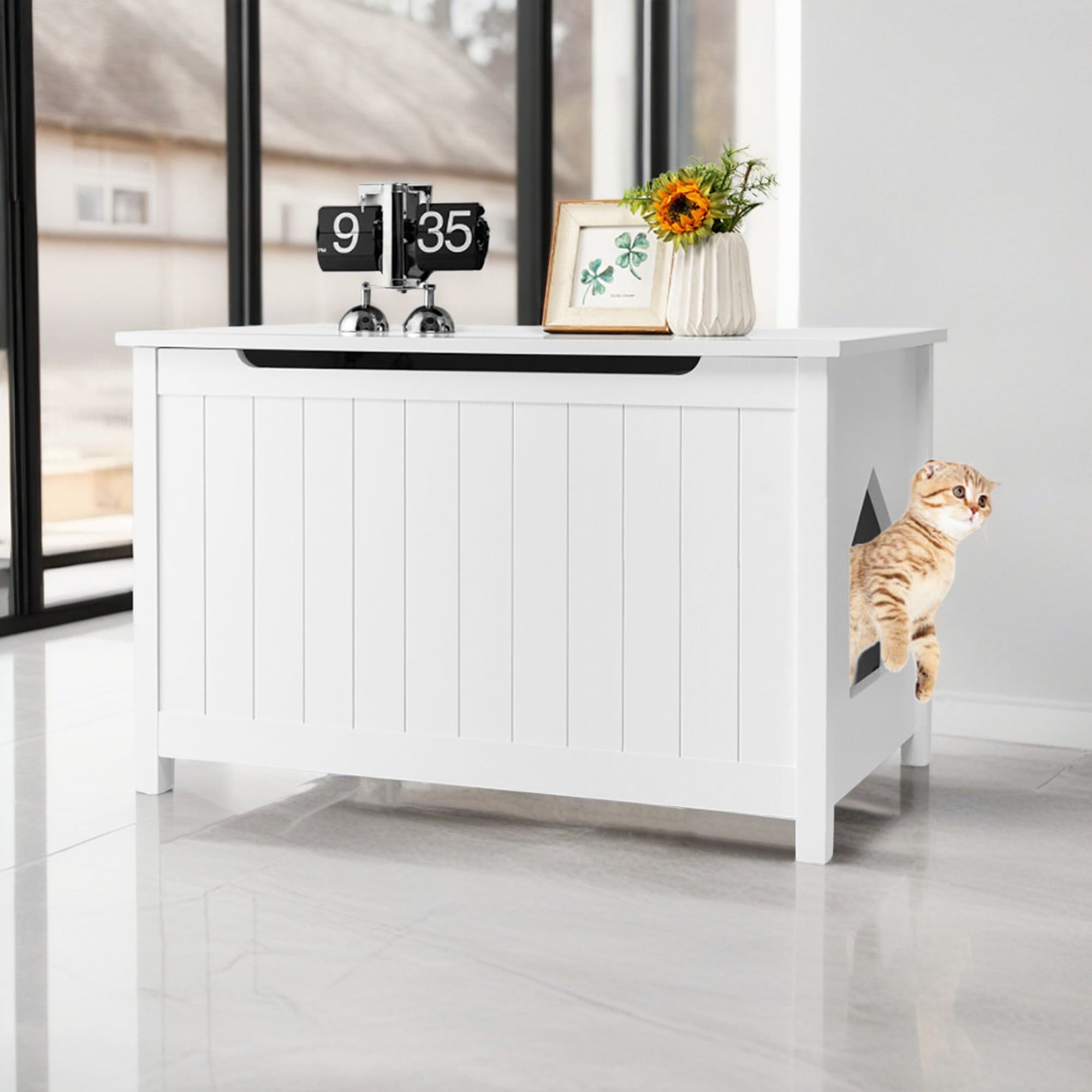 resenkos 31" Wooden Cat Litter Box Enclosure with Top Opening, Hidden Cat House Washroom Furniture, White