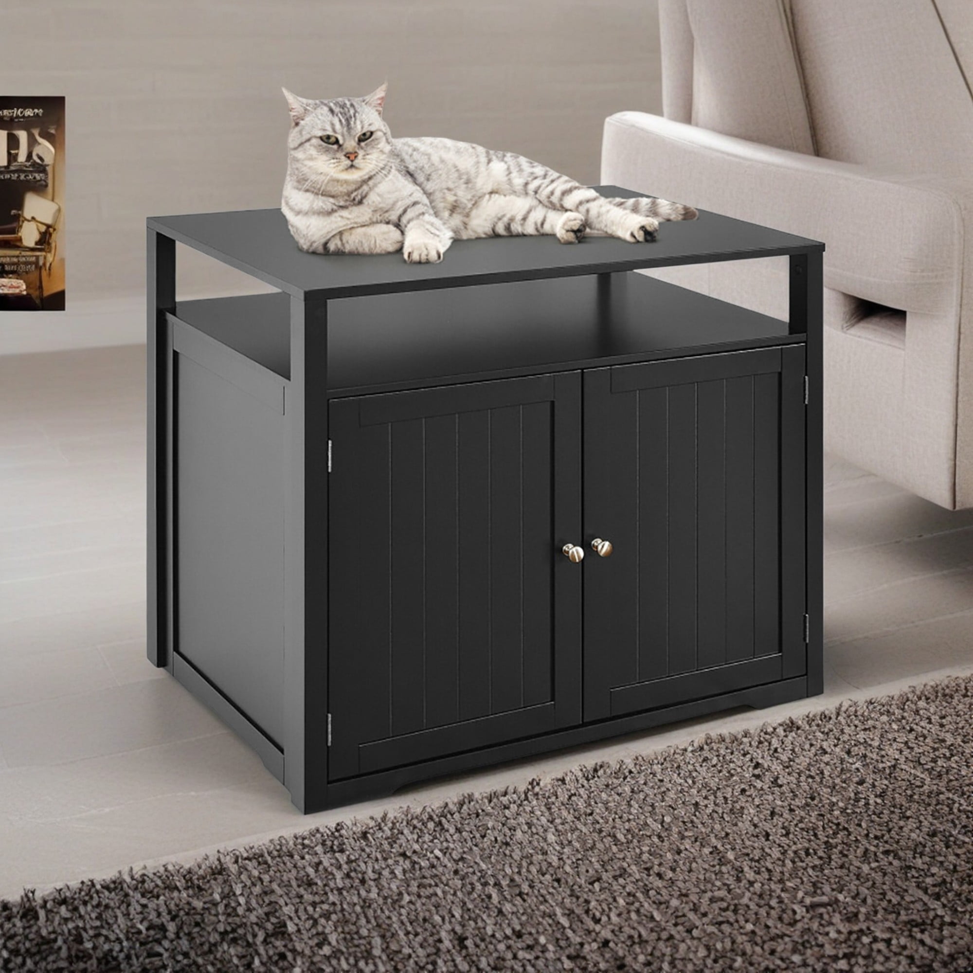 Kadyn 31" Wooden Hidden Cat Litter Box Enclosure Furniture, Cat Washroom with Storage Layer, Cat House for Large Cats, Black