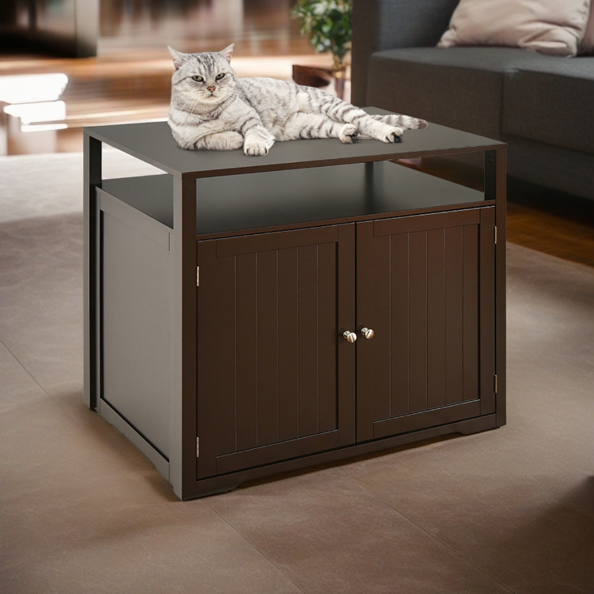 Kadyn 31" Wooden Hidden Cat Litter Box Enclosure Furniture, Cat Washroom with Storage Layer, Cat House for Large Cats, Brown