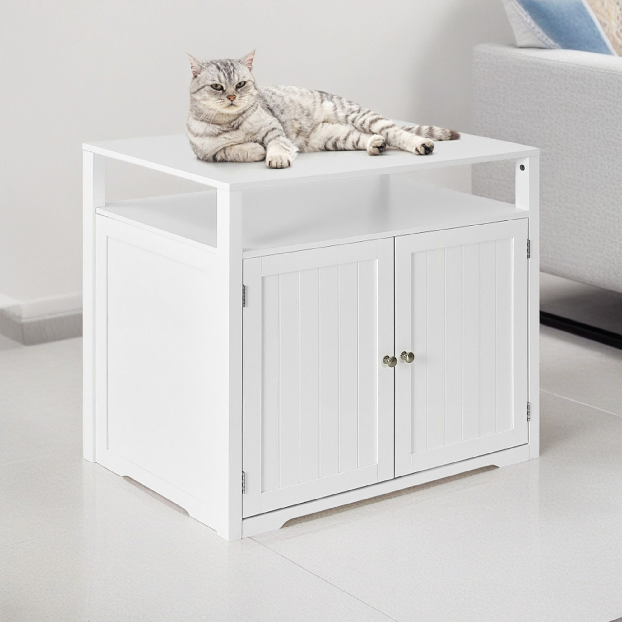 Kadyn 31" Wooden Hidden Cat Litter Box Enclosure Furniture, Cat Washroom with Storage Layer, Cat House for Large Cats, White
